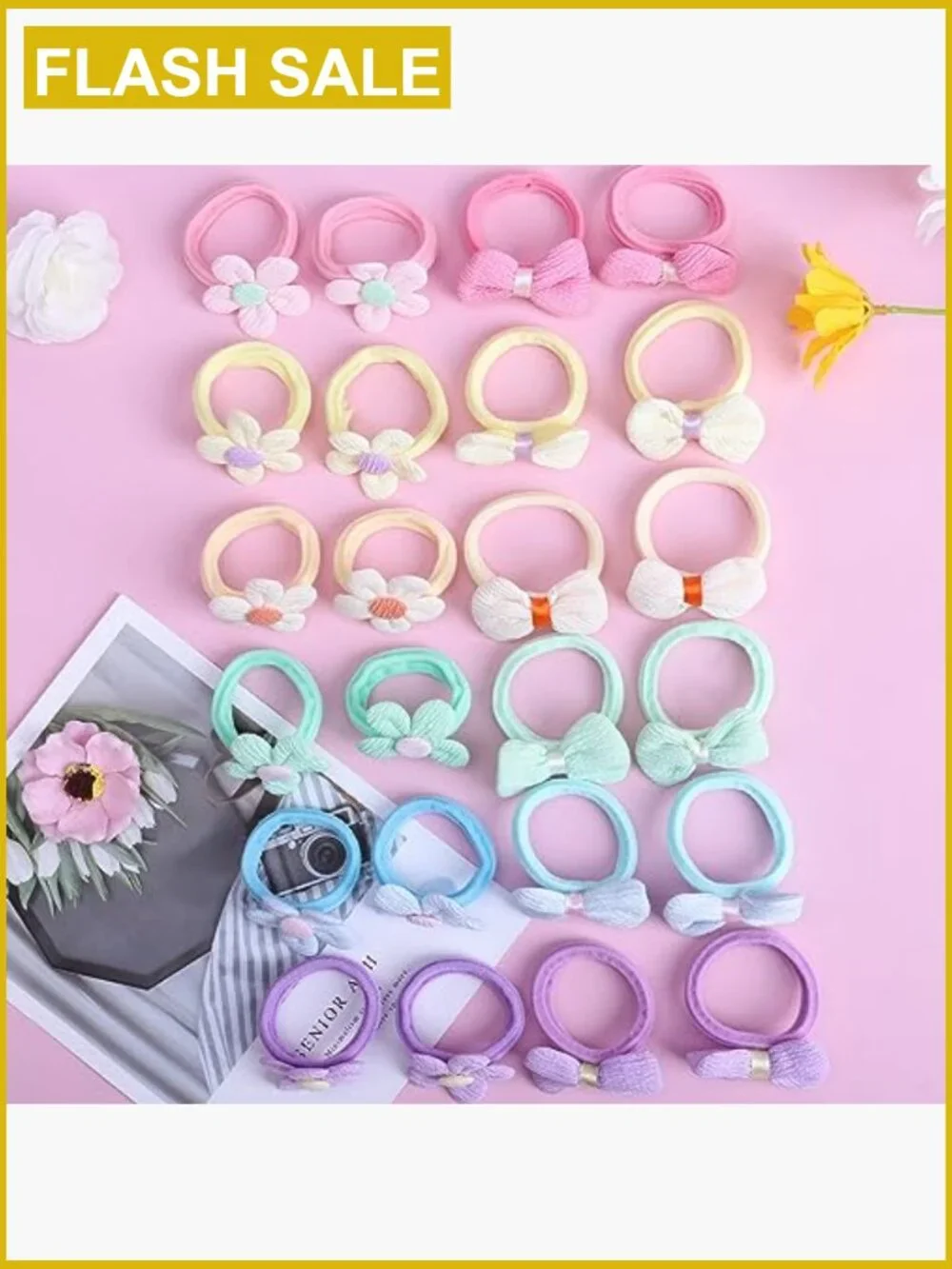 24 Seamless Elastic Hair Ties for Toddler Girls, Flower & Bow Scrunchies